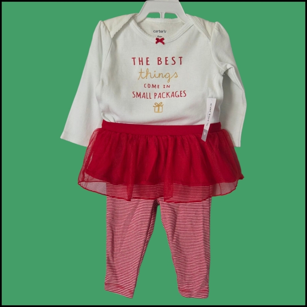 Carter's White and Red Christmas Baby Onesie Outfit with Tutu 2 Piece Set 9M NWT
